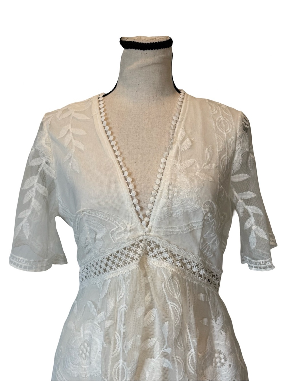 Boho White Embroidered Lace Maxi Dress Sheer Mesh Overlay Cottagecore Medium - Picture 9 of 13
